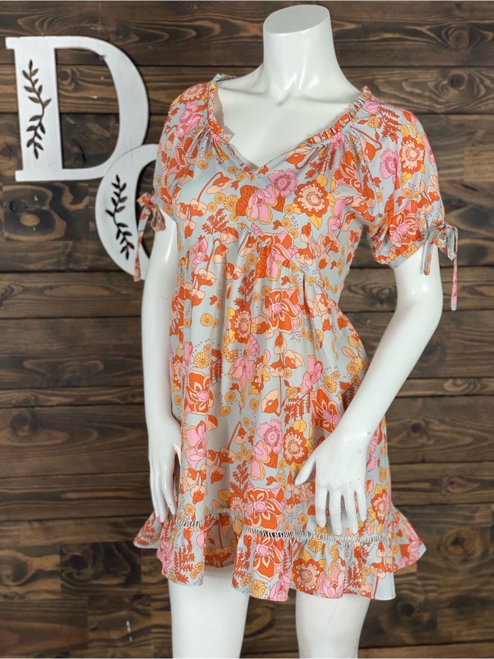 Bohemian‎ Babydoll Floral Ruffle Dress Pink & Orange Baby Blue Tassel Tie Front